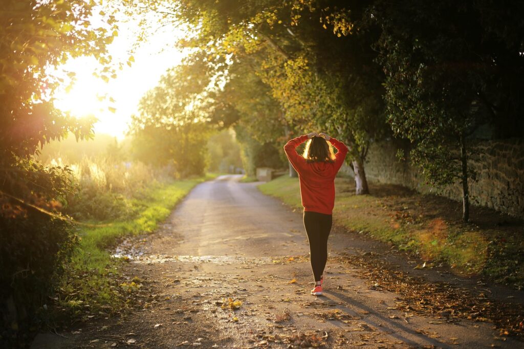 walking, fitness, girl, dawn, fall, outdoors, pathway, recreation, trees, nature, brown fitness, brown tree, brown sunset, brown walking, brown workout